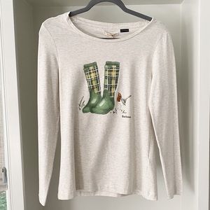 Barbour Cream Long Sleeve Tee with Green Plaid Boot Design